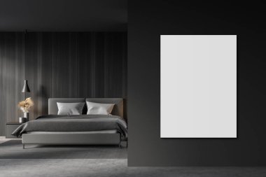 Gri ve ahşap duvarları, beton zemini ve rahat kral yatağı olan şık bir yatak odası. Dikey maket posteri. 3d oluşturma