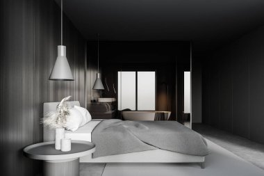 Gri ve ahşap duvarları, beton zemini, yanında büyük yatak ve banyosu olan şık yatak odasının yan görüntüsü. 3d oluşturma