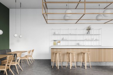 Beyaz ve yeşil duvarları, beton zemini, ahşap tezgahı ve sandalyeli kare masaları olan modern bir restoran. 3d oluşturma