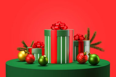 Büyük yeşil Noel hediye kutuları ve kırmızı arka planda yeşil masanın üzerindeki süslemeler. 3d oluşturma