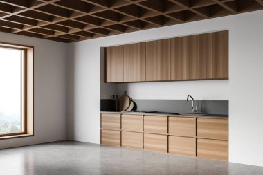 Beyaz ve ahşap duvarları, beton zemini ve ahşap dolapları olan modern mutfağın köşesi. 3d oluşturma