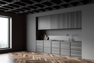 Gri ve koyu ahşap duvarları, ahşap zemini ve ahşap dolapları olan şık bir mutfağın köşesi. 3d oluşturma