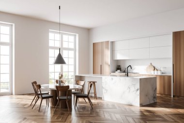 Modern mutfağın köşesinde beyaz duvarlar, ahşap zemin tabureler ve yemek masası olan bir bar. 3d oluşturma