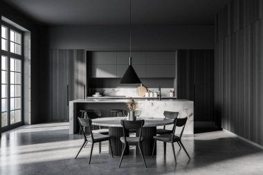 Gri duvarları, beton zemini, tabureleri ve yemek masası olan şık bir mutfak. 3d oluşturma