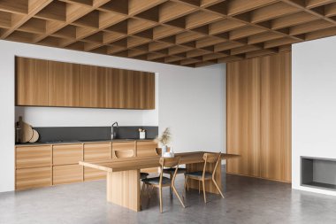 Modern mutfağın köşesinde beyaz ve ahşap duvarlar, beton zemin, ahşap dolaplar ve yemek masası. 3d oluşturma