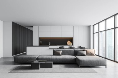 Beyaz duvarları, beton zemini, gri kanepesi ve arka planda mutfağı olan modern oturma odasının içi. 3d oluşturma
