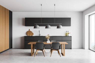 Beyaz ve ahşap duvarları, beton zemini, gri dolapları ve yemek masası olan modern mutfağın içi. 3d oluşturma