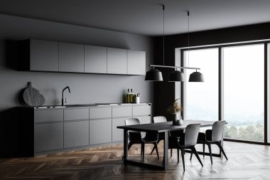 Gri duvarları, ahşap zemini, gri dolapları ve yemek masası olan şık bir mutfağın köşesi. 3d oluşturma