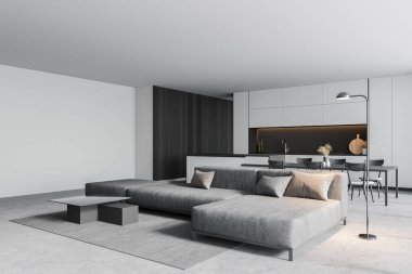 Beyaz duvarları, beton zemini, gri kanepesi ve arka planda mutfağı olan modern oturma odasının köşesi. 3d oluşturma