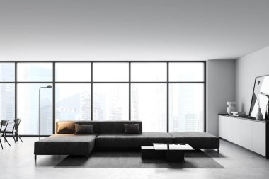 Beyaz duvarları, beton zemini, gri kanepesi ve arka planda mutfağı olan modern oturma odasının yan görüntüsü. Bulanık şehir manzaralı bir pencere. 3d oluşturma