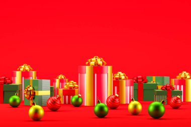 Kırmızı ve yeşil Noel hediyeleri ve kırmızı arka planda süslemeler. 3d oluşturma