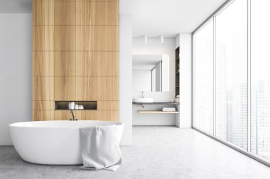 Küvetli beyaz banyo ve şehir manzaralı büyük pencereli lavabolu ayna. Minimalist modern banyonun beyaz ve ahşap dizaynı, 3 boyutlu, kimseyi yansıtmıyor.