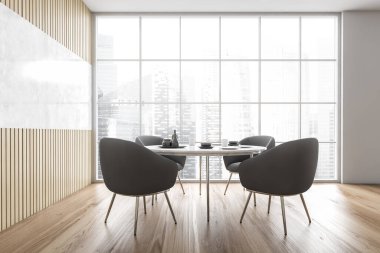 Yemek odası manzaralı masanın etrafında dört gri sandalye gökdelenli büyük bir pencerenin üzerinde. Yeni, modern ahşap mutfak tasarımı, ahşap zemin, parke. 3D görüntüleme, insan yok 