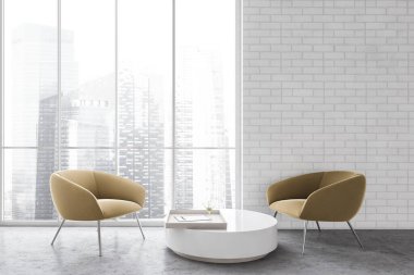 Beyaz tuğlalı duvarları, beton zemini, bej koltukları ve kahve masası olan modern oturma odası. 3d oluşturma