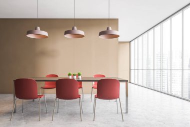 Bej duvarlı panoramik yemek odasının içi beton zemin ve kırmızı sandalyeli bir masa. 3d oluşturma