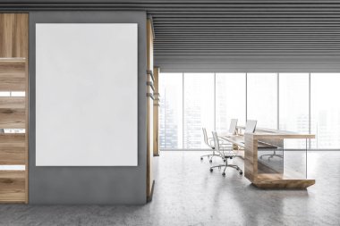 Gri ve ahşap duvarları, beton zemini ve üzerinde saatler olan resepsiyon masası olan modern ofis. Dikey maket posteri. 3d oluşturma