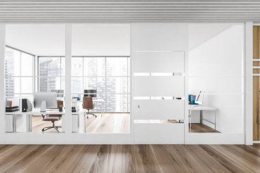 Beyaz ve ahşap duvarları, ahşap zemini ve açık uzay ofisi olan şık bir ofis. 3d oluşturma