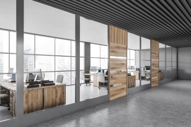 Gri ve ahşap duvarları, beton zemini ve açık uzay ofisi olan şık bir ofis köşesi. 3d oluşturma