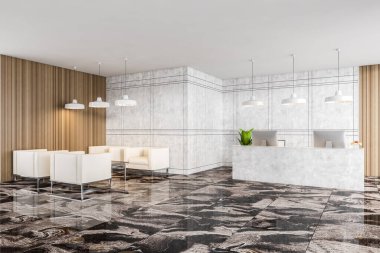 Mermer resepsiyon salonu, yan manzara, müşteriler için dört koltuk ve masa, iki bilgisayar, mermer döşeme ve ahşap dizayn işletme ofisi girişi 3D, kimse yok.