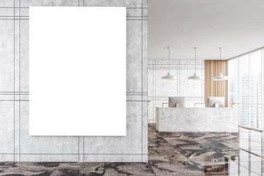 Beyaz mermer resepsiyon odasında iki bilgisayarlı boş tuval. Şehir manzaralı büyük pencerelerin yanındaki ofis girişinde. Açık gri mermer duvarlar ve koyu 3D döşeme, insan yok.