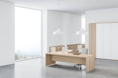 Beyaz ve ahşap duvarları, beton zemini ve CEO masası olan modern CEO ofisinin köşesi. 3d oluşturma
