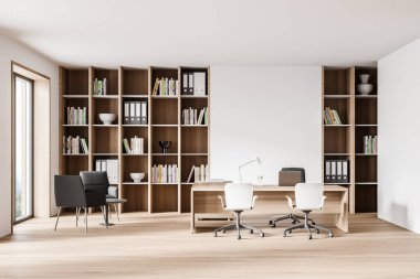 Beyaz ve ahşap duvarları, ahşap zemini ve bilgisayar masası olan modern CEO ofisinin içi. 3d oluşturma