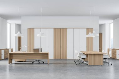 Modern CEO ofisi, beyaz ve ahşap duvarlı toplantı odası, beton zemin, CEO masası ve uzun konferans masası. 3d oluşturma