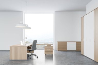 Beyaz ve ahşap duvarları, beton zemini ve CEO masası olan modern CEO ofisinin yan görüntüsü. 3d oluşturma