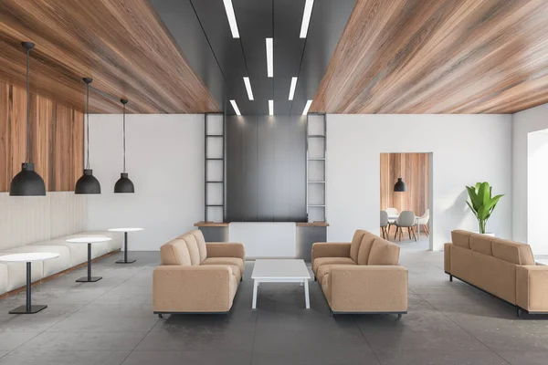 Wooden grey hall, waiting room and reception desk. Open space reception with sofas and white tables with pendant lamps, wooden ceiling and grey floor, 3D rendering no people