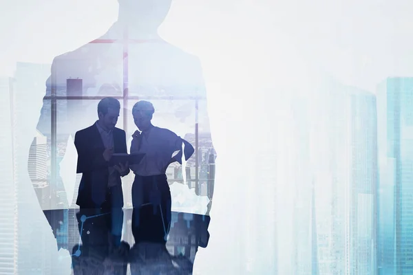 Silhouettes Businessman Businesswoman Working Panoramic Meeting Room Double Exposure Financial — Stock Photo, Image