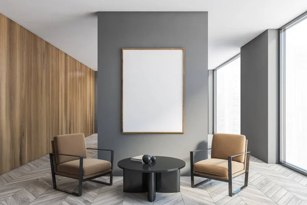 Mockup blank canvas over two brown armchairs with black coffee table, on grey parquet floor. Wooden and grey walls and big windows, 3D rendering no people