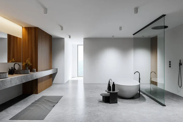 하얗고 나무로 현대식 욕실의 콘크리트 샤워실 싱크대가 렌더링 — 스톡 사진