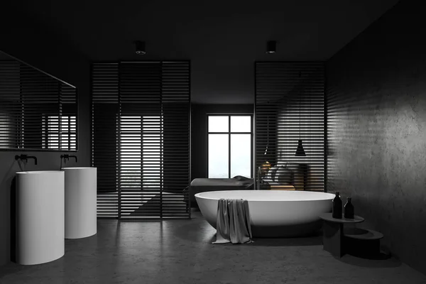 木製と灰色の壁 コンクリートの床 ダブルシンクと快適なバスタブ付きのスタイリッシュなバスルームのサイドビュー 3Dレンダリング — ストック写真