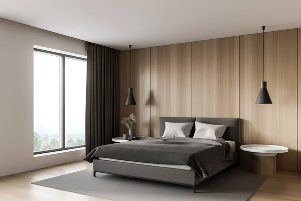 现代主卧室的角落 有白色和木制的墙壁 木制的地板和舒适的王床 3D渲染 — 图库照片