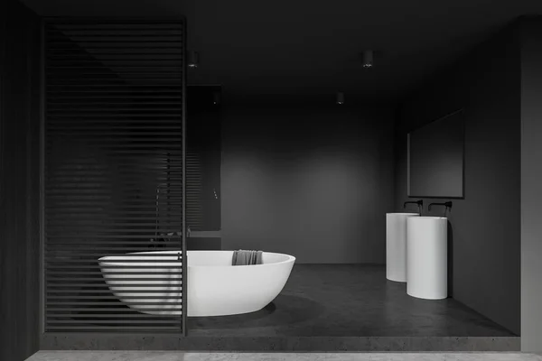 带有木制和灰色墙壁 混凝土地面 双水池和舒适浴缸的时髦浴室的内部 3D渲染 — 图库照片