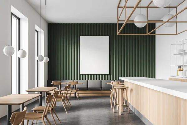 Interior of modern bar with white and green walls, concrete floor, wooden bar counter and square tables with chairs. Vertical mock up poster. 3d rendering