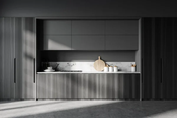 Interior Stylish Kitchen Gray Walls Concrete Floor Cupboards Built Sink — Stock Photo, Image