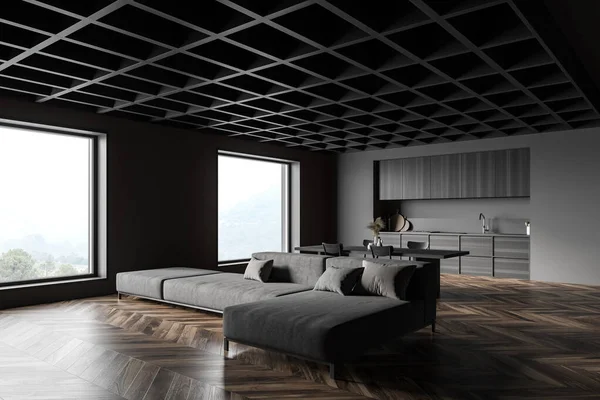 Corner Stylish Living Room Gray Wooden Walls Wooden Floor Comfortable — Stock Photo, Image