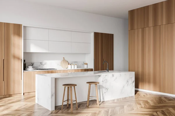 Hoek Van Moderne Keuken Met Witte Muren Houten Vloer Marmeren — Stockfoto