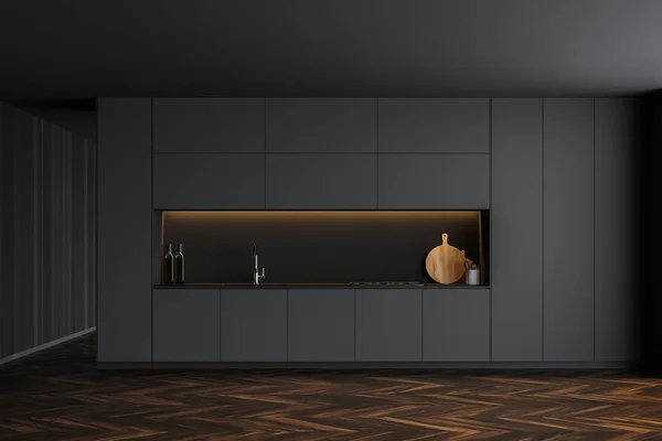 Interieur Der Stilvollen Küche Mit Grauen Und Hölzernen Wänden Holzboden — Stockfoto