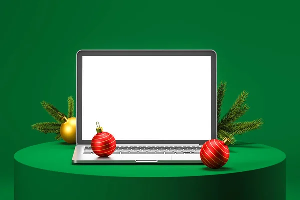 緑の背景に緑のテーブルの上に立ってノートパソコン上の明るいクリスマスの装飾 3Dレンダリングモックアップ — ストック写真