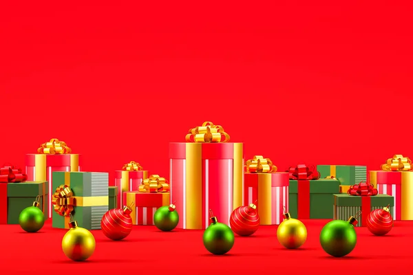 Regali Natale Rossi Verdi Decorazioni Sfondo Rosso Rendering — Foto Stock