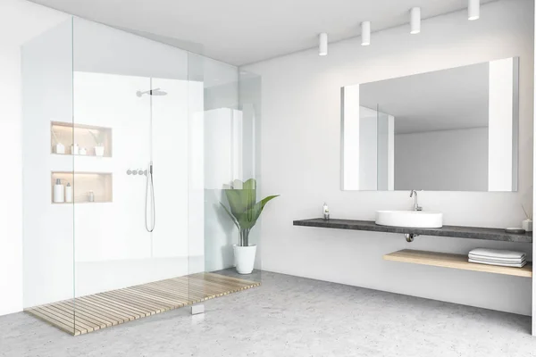 Cabina Ducha Baño Blanco Con Lavabo Toallas Espejo Cuarto Baño — Foto de Stock