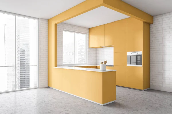 콘크리트 노란색 찬장이 현대식 주방의 경관으로 창문을 엽니다 렌더링 — 스톡 사진