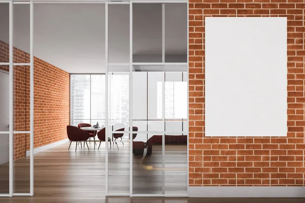 Tuğla duvarlı, ahşap zemin, koltuklu yuvarlak masa ve dikey maket posterli şık bir mutfak. 3d oluşturma