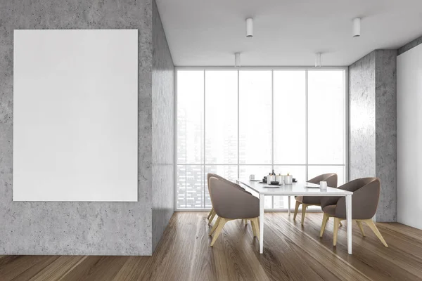 Interior Stylish Dining Room Concrete White Walls Wooden Floor Table — Stock Photo, Image