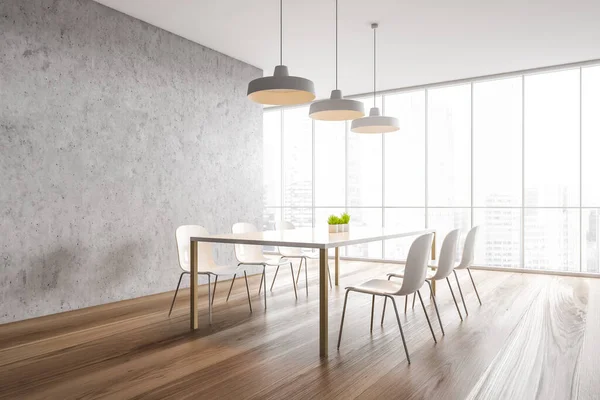 콘크리트로 바닥이 나무로 탁자와 의자가 파노라마식 식당이 렌더링 — 스톡 사진