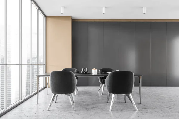 Front View Modern Dining Room Beige Gray Walls Wooden Floor — Stock Photo, Image