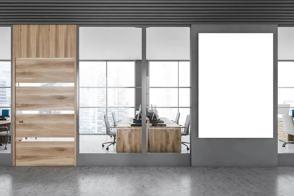Interieur Der Stilvollen Bürohalle Mit Grauen Und Hölzernen Wänden Betonboden — Stockfoto