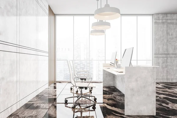 White marble reception room side view with desk, two computers and chairs. Office business entrance hall near big windows with city view. Light grey marble walls and dark floor 3D rendering, no people